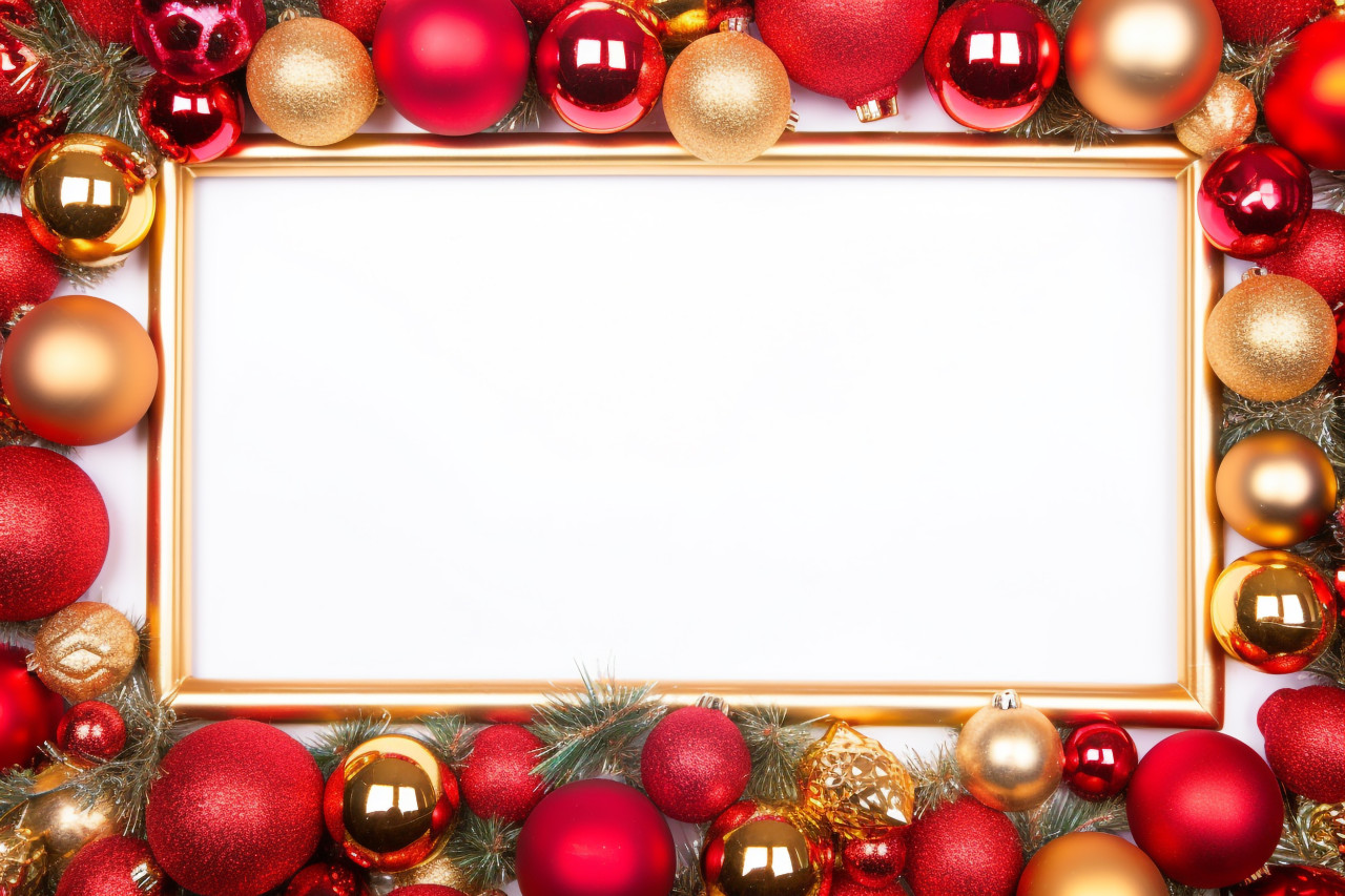 A photo of a christmas frame made of spruce branches, red and gold decorations, on a white background