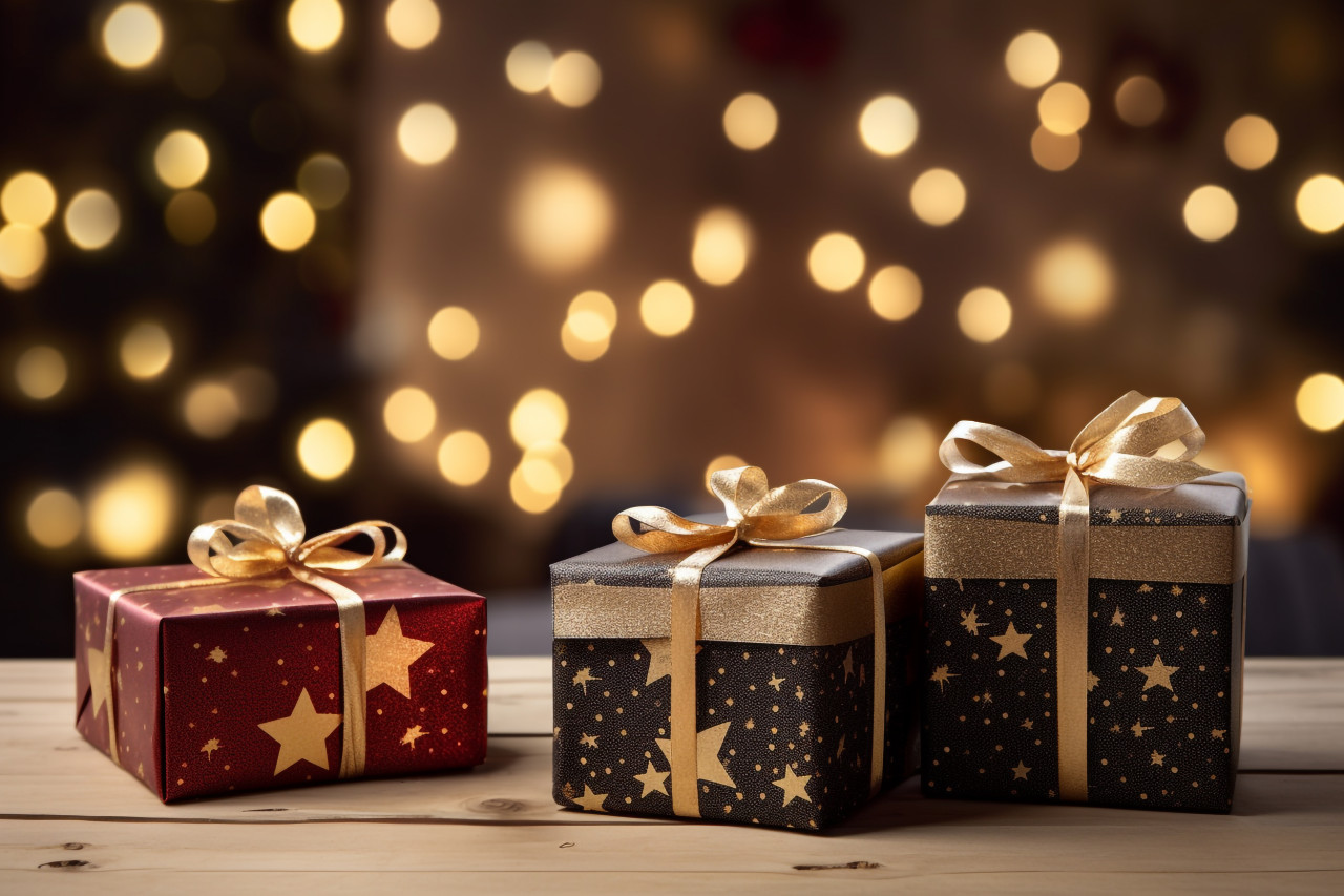 A picture of a christmas scene with ornaments and presents on a wooden table