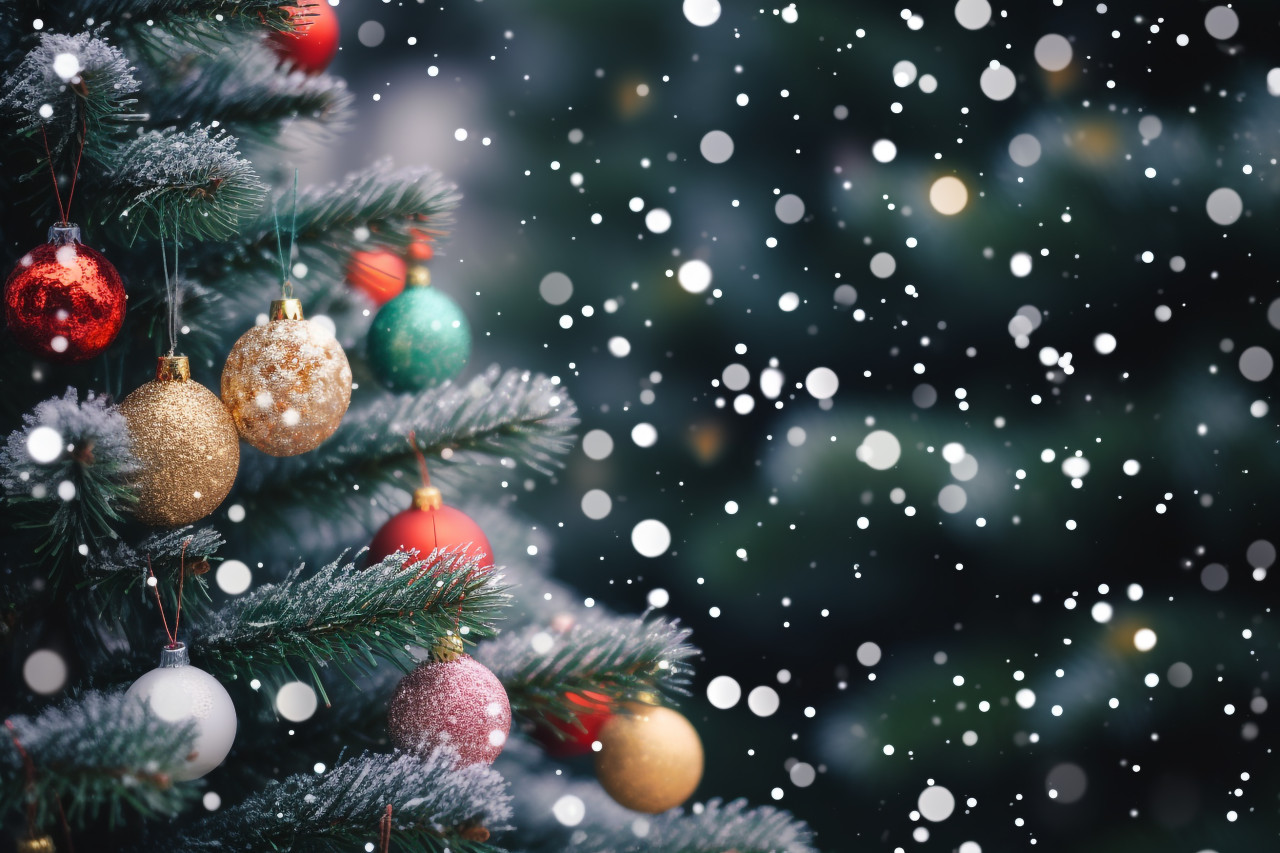 A picture of a christmas tree with a blurry background of snow