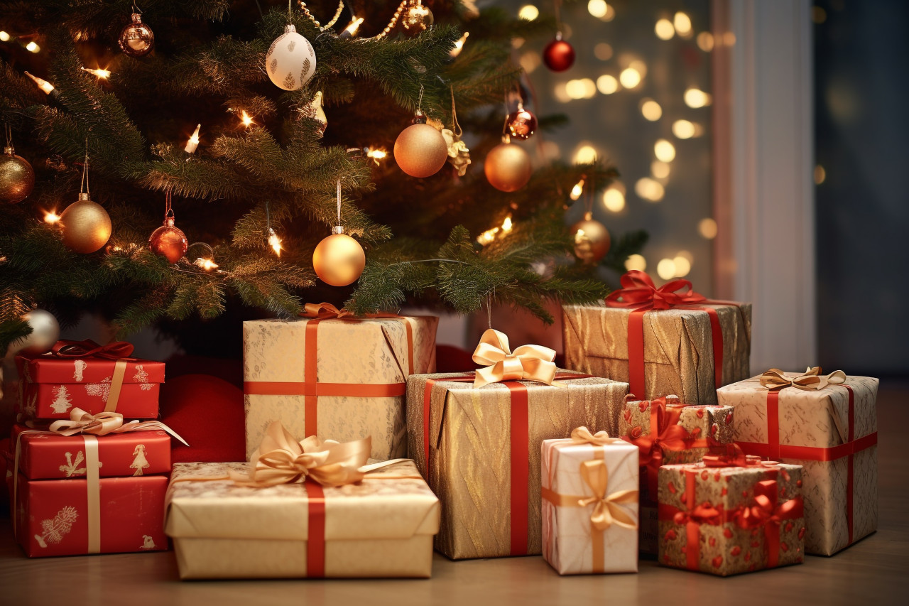 A picture of nicely wrapped christmas presents on the floor next to a christmas tree in a living room
