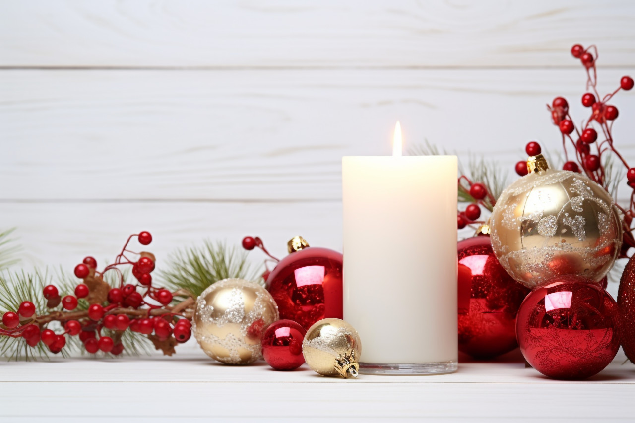 A picture of a christmas arrangement on a white wooden table with room to write your own message