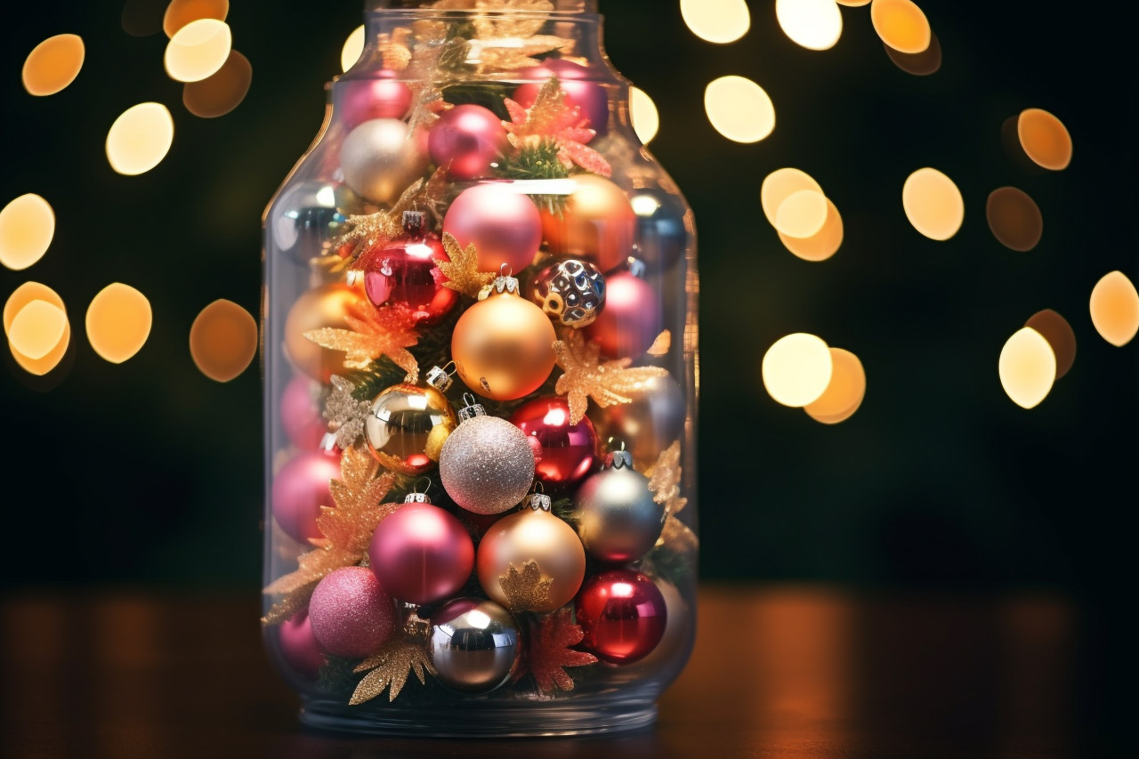 A close up photo of an elegant christmas tree in a glass jar