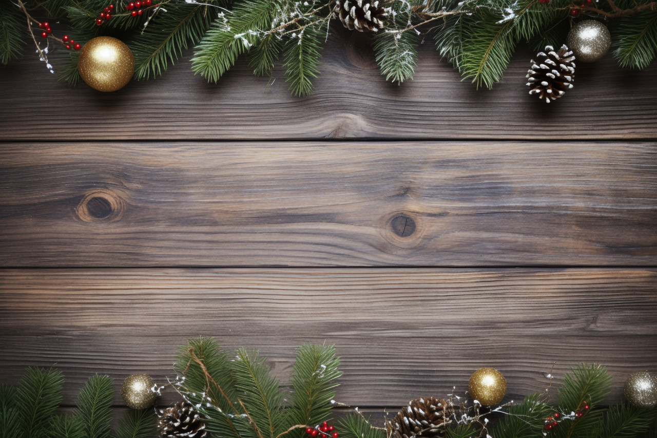 A picture of a christmas scene with a wooden background and a snow covered fir tree