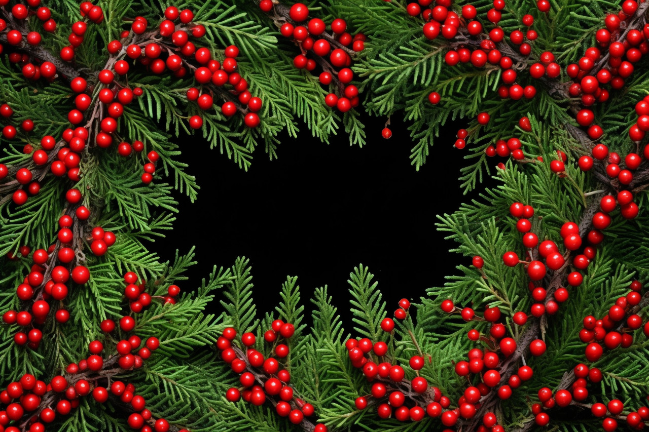 A picture of a christmas frame made with pine needles and red berries