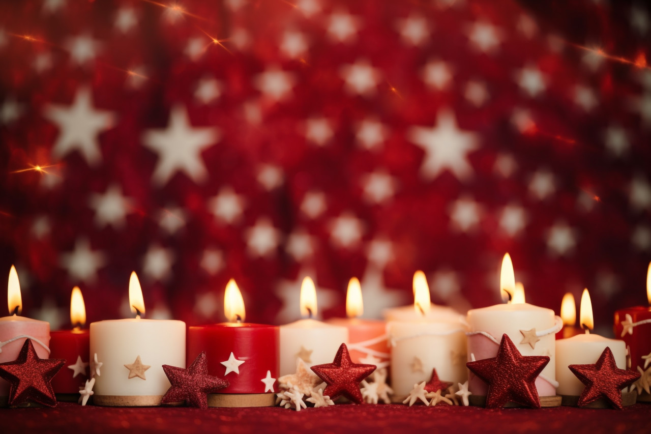 A picture of a christmas scene with shiny stars and lit candles