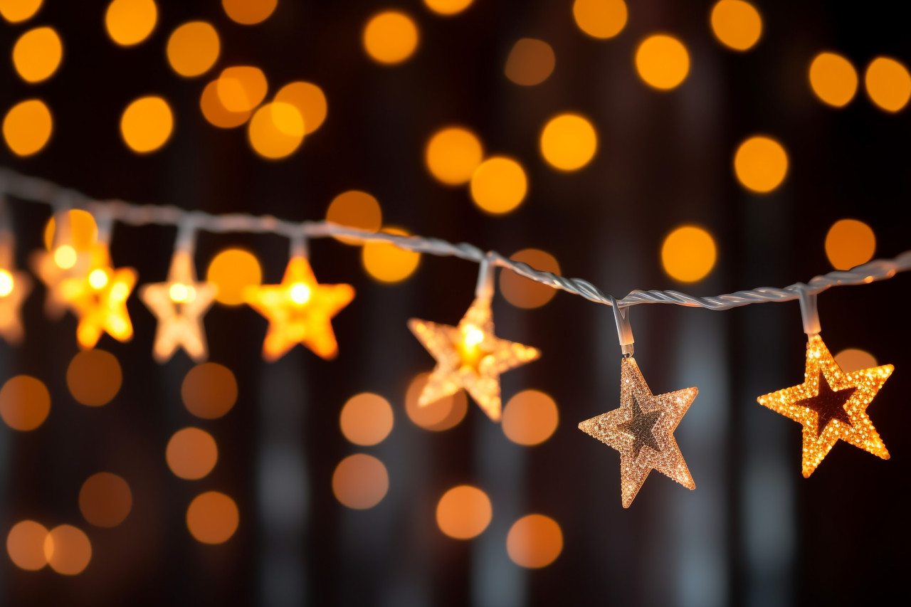 A photo of christmas star lights hanging on fir branches with a blurry background