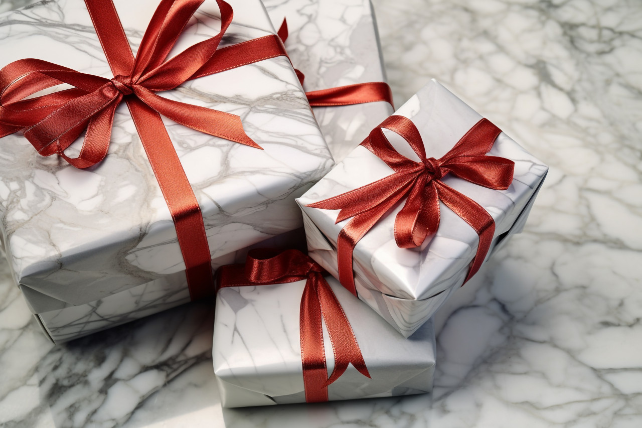 A picture of silver christmas gift boxes made by hand, on a white marble background, from above