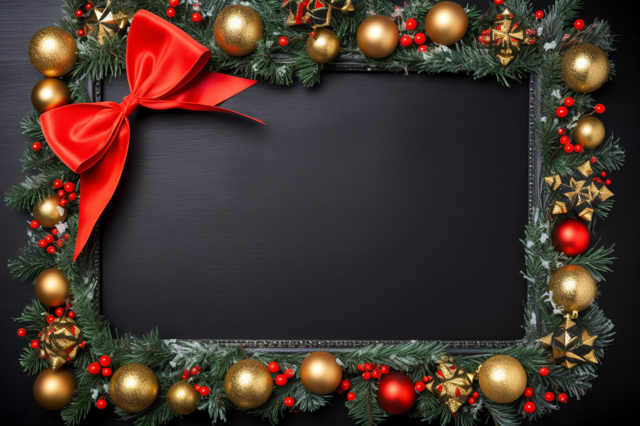 A photo of a black chalkboard with christmas or new year decorations around it