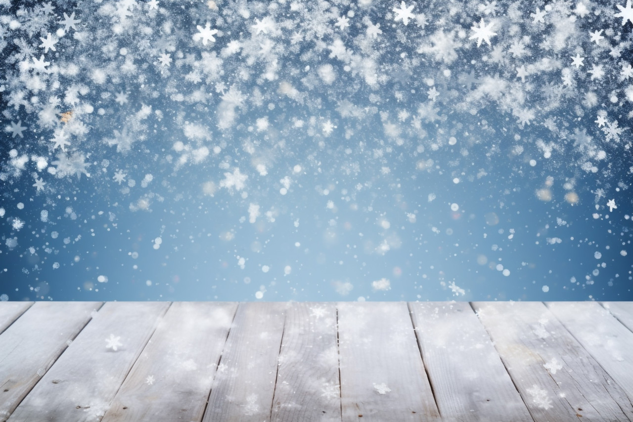 A picture of a snowy background with a light colored floor, a cold and empty blue wooden space