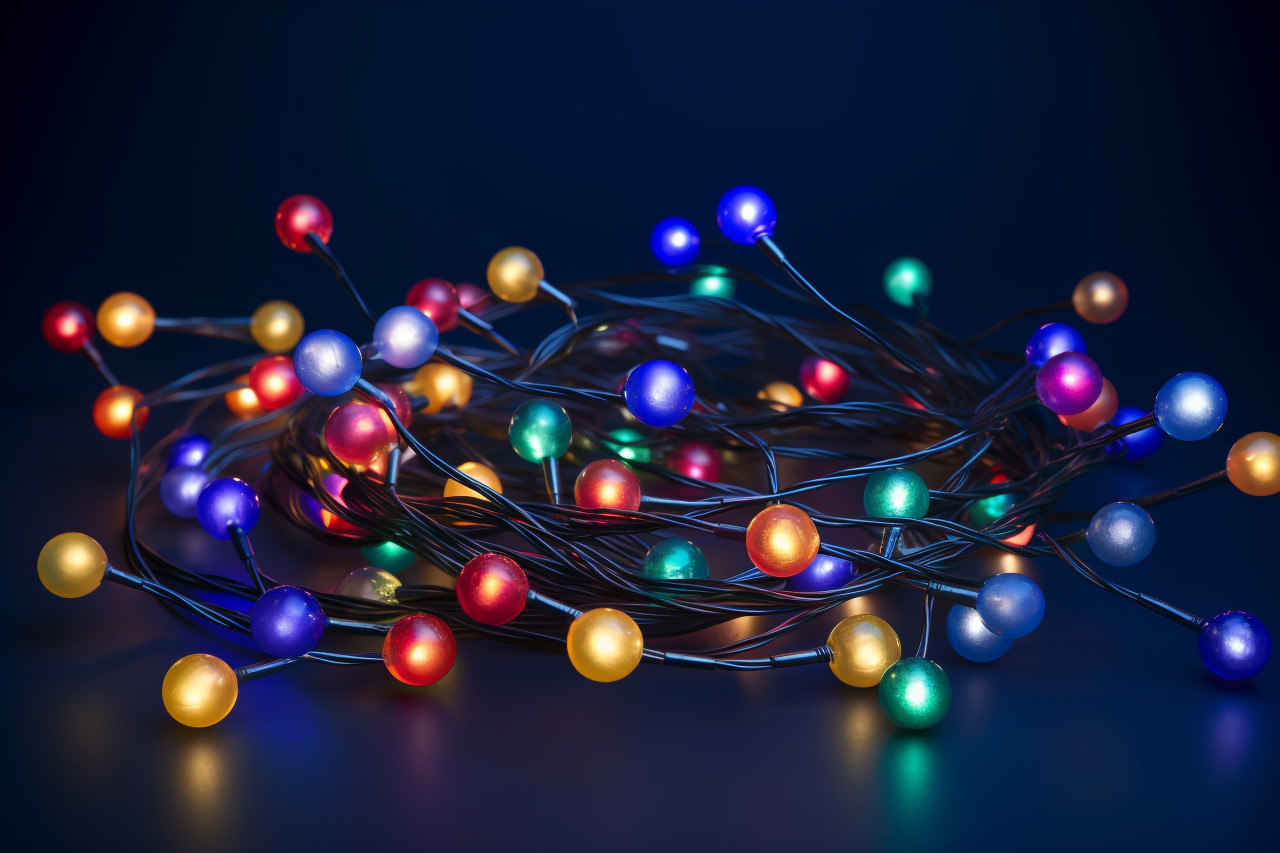 A picture of christmas lights on a dark blue background