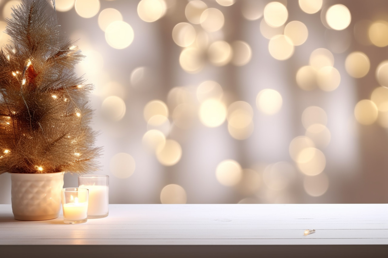 A photo of an empty white table with simple cozy living room furniture and a blurred background