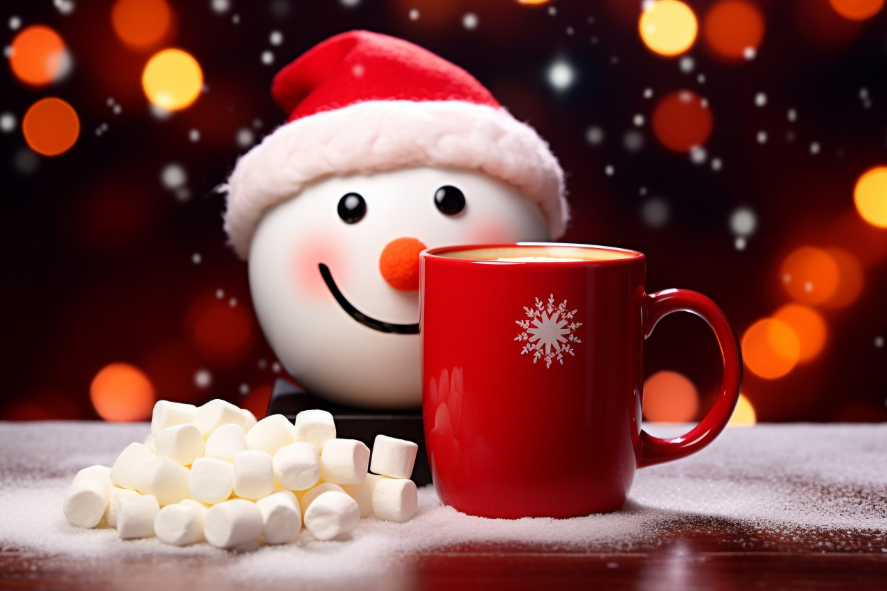 Picture of a red cup with hot chocolate and a melted marshmallow snowman