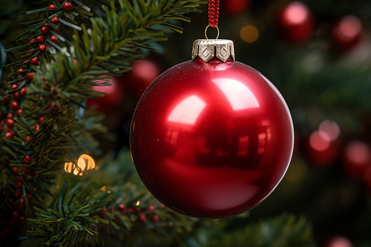 A close up photo of a red christmas ornament hanging on a decorated christmas tree
