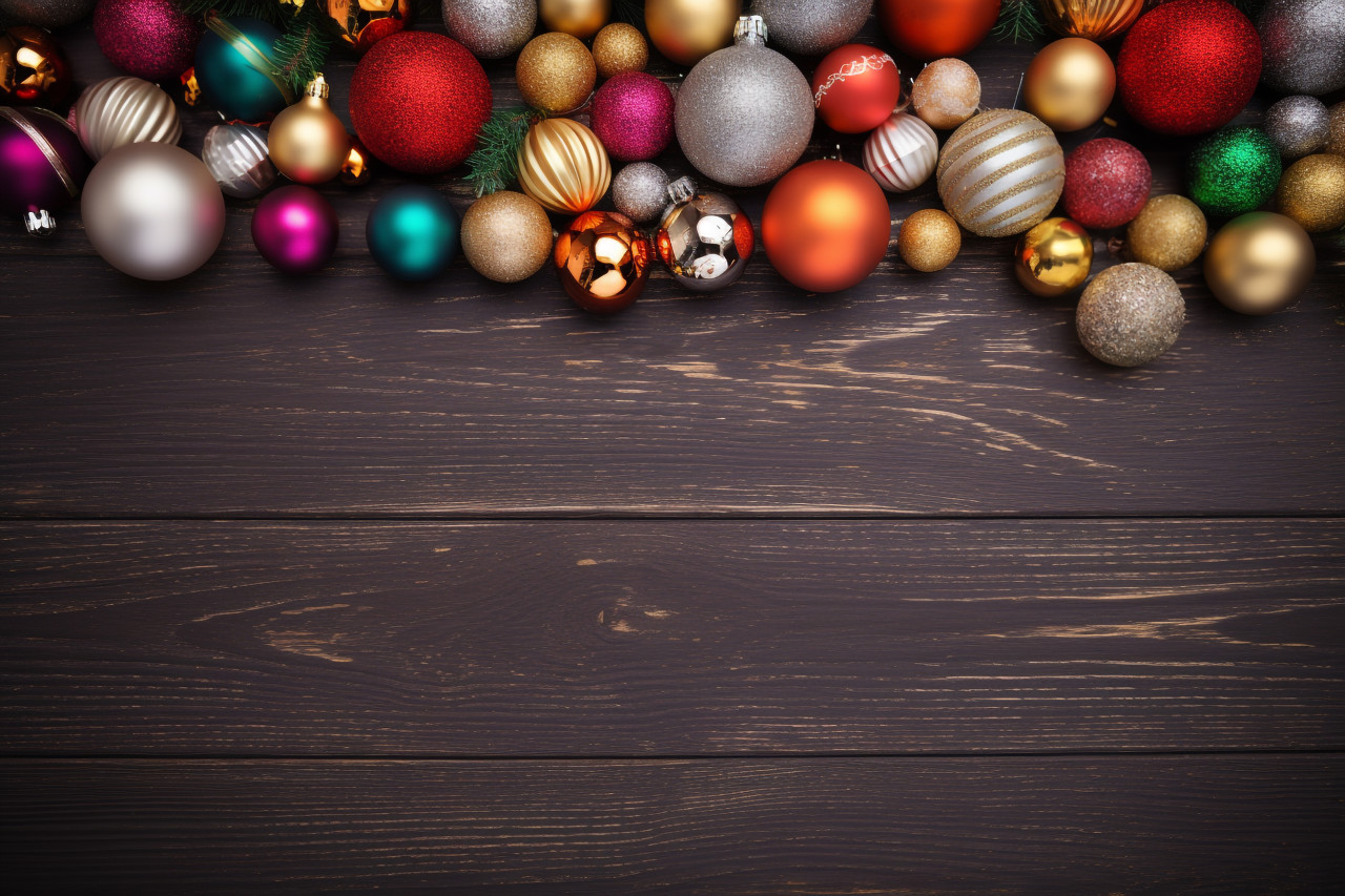 A photo of a christmas scene with a fir tree and decorations on a dark wooden table