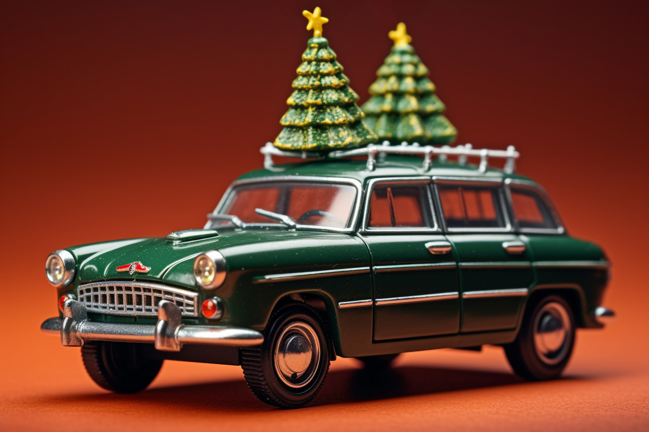 A picture of a small christmas tree on a toy vehicle