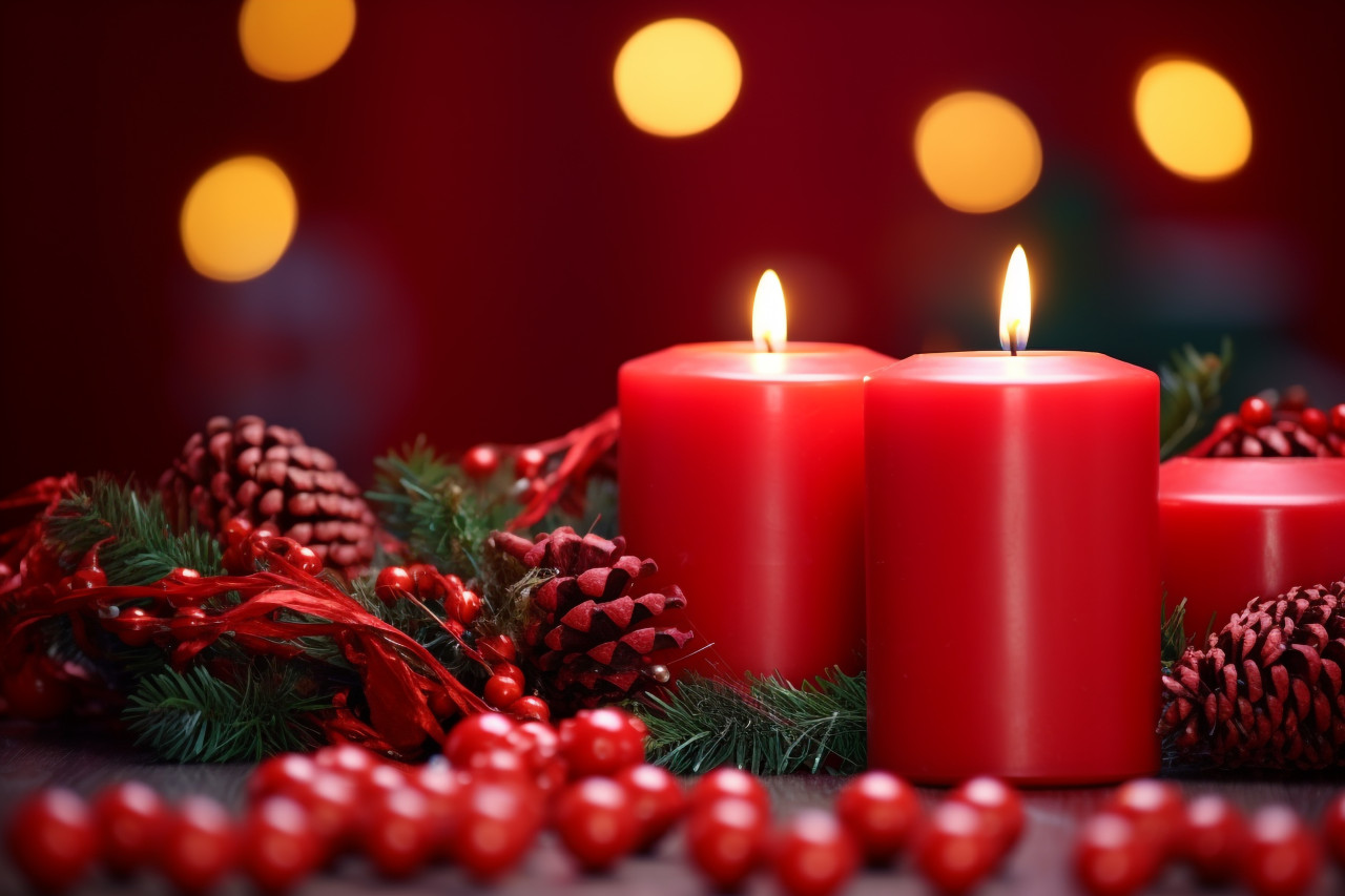 A picture of a red candle and christmas ornaments