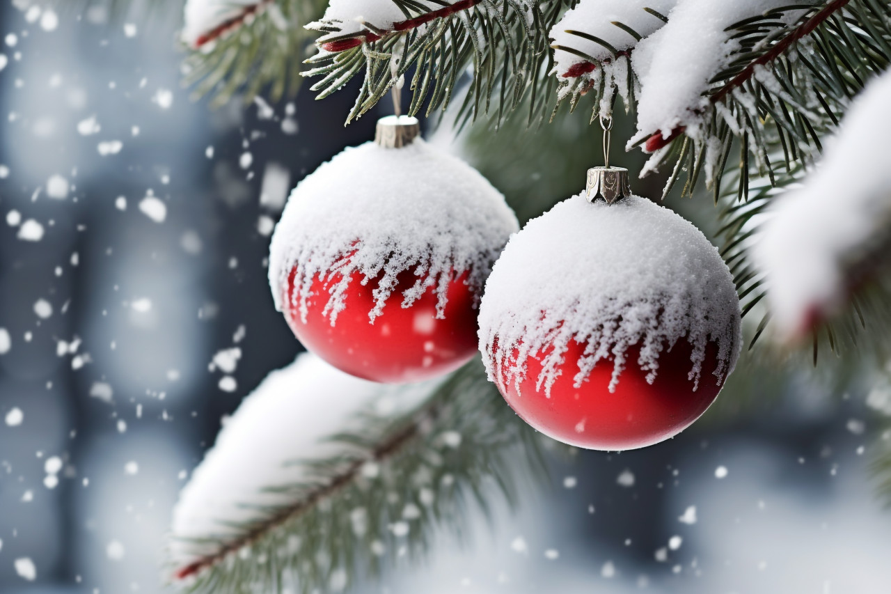 A picture of christmas ornaments on snow with snow covered fir branches