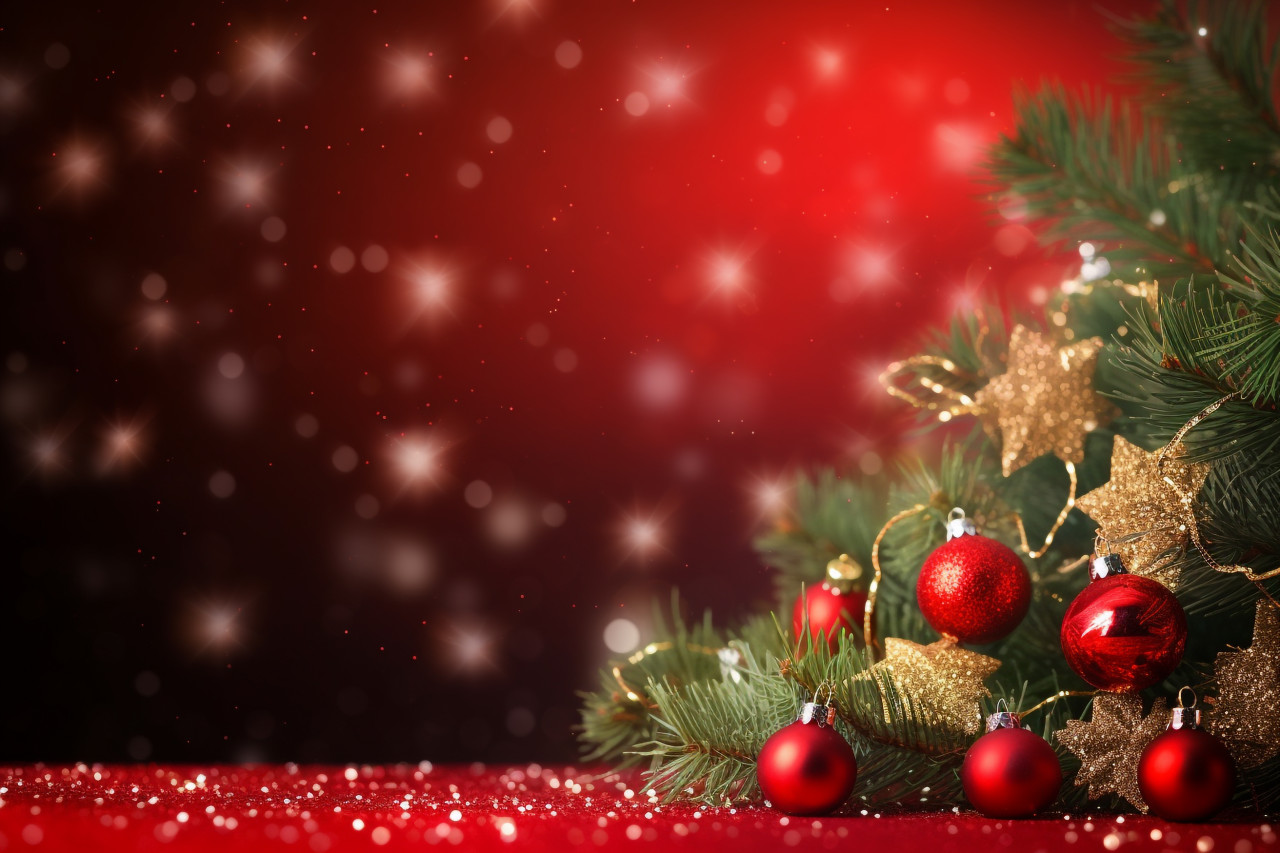 A picture of a christmas scene with a christmas tree and twinkling lights on a red background