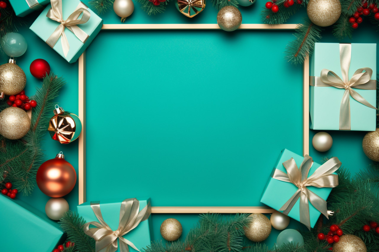 A photo of a christmas frame with gift boxes, paper decorations, jingle bells