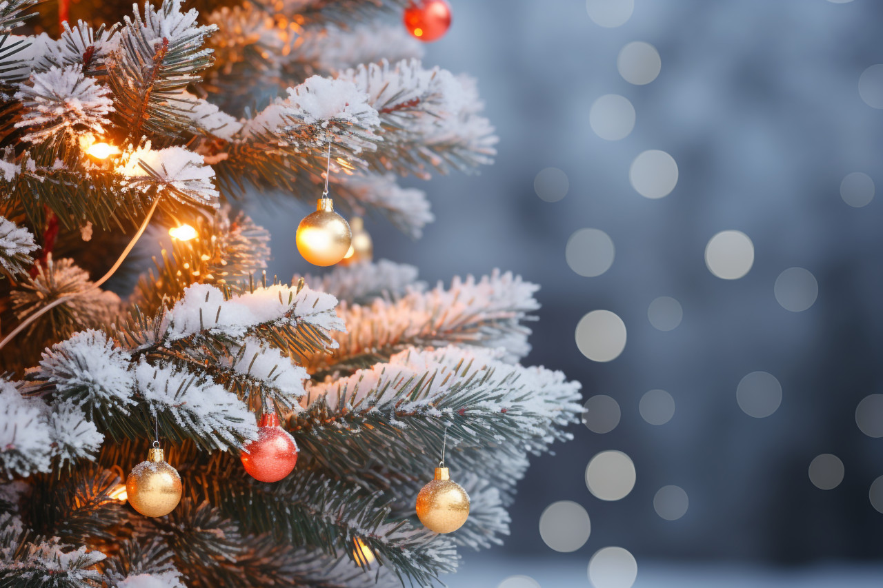 A picture of a decorated christmas tree in a winter wonderland with sparkling lights and white snow
