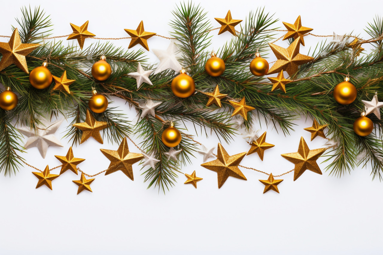 A picture of christmas tree branches with gold balls, stars, and snowflakes