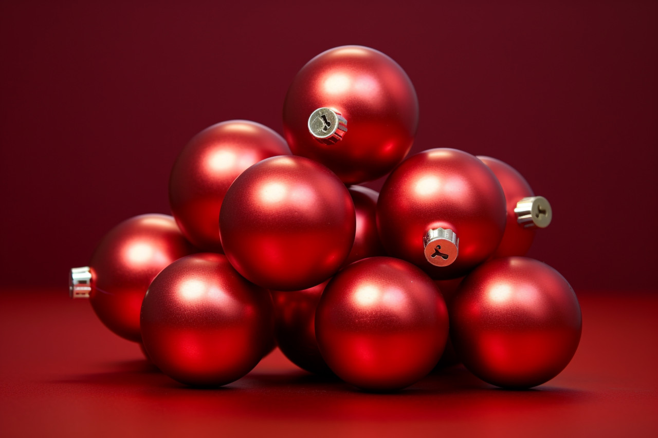 A picture of red christmas ornaments on a red background, with room for text