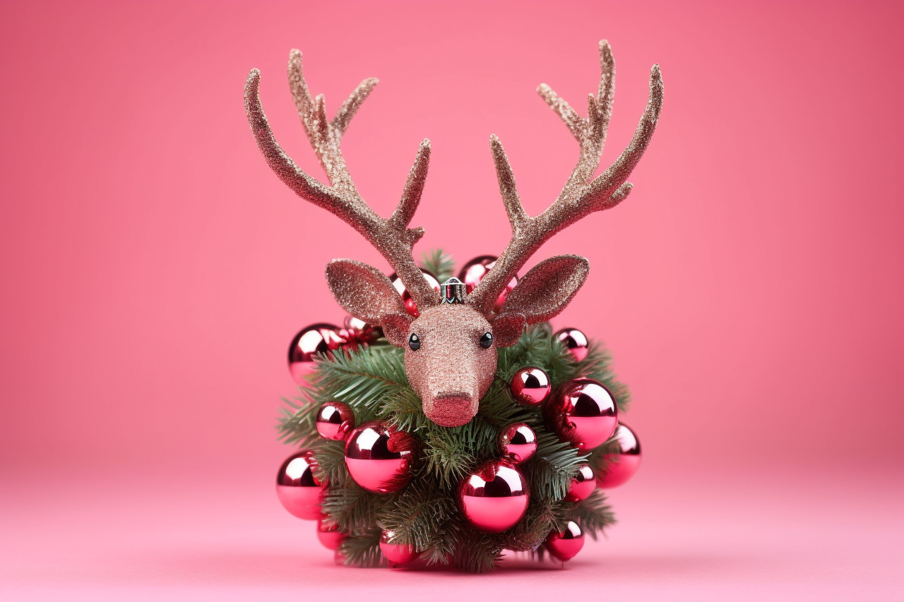 A picture of a reindeer made of christmas decorations on a light pink background