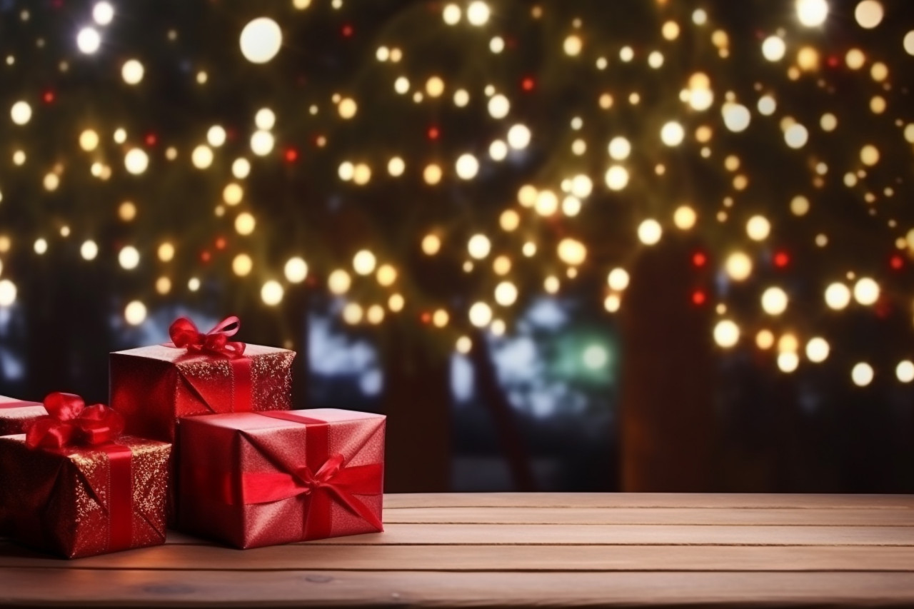 A photo of a christmas and new year background with an empty, dark wooden table in the foreground