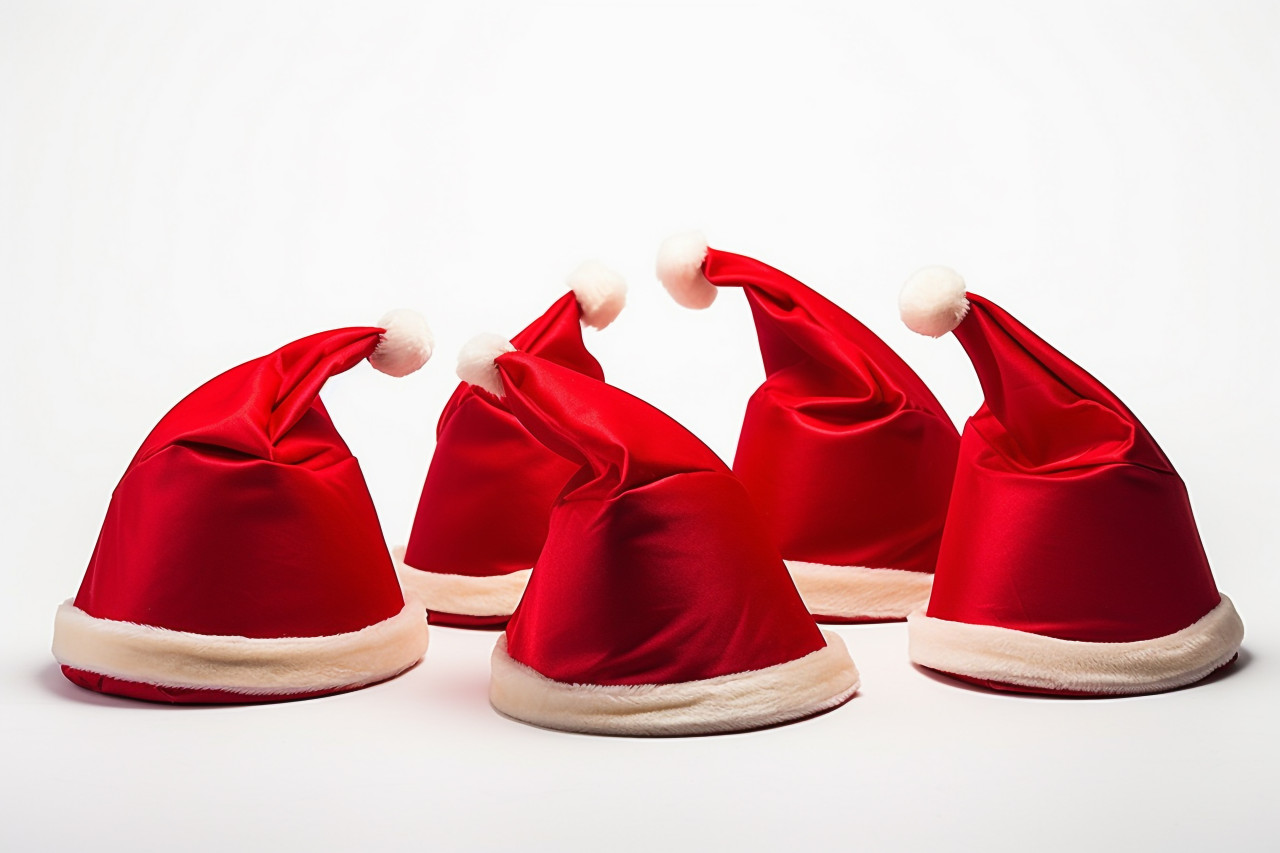 A picture of a group of red santa claus hats on a plain white background