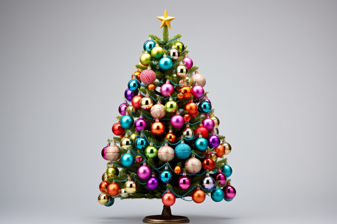 A happy picture of a christmas tree with colorful ornaments taken in a studio on a white background
