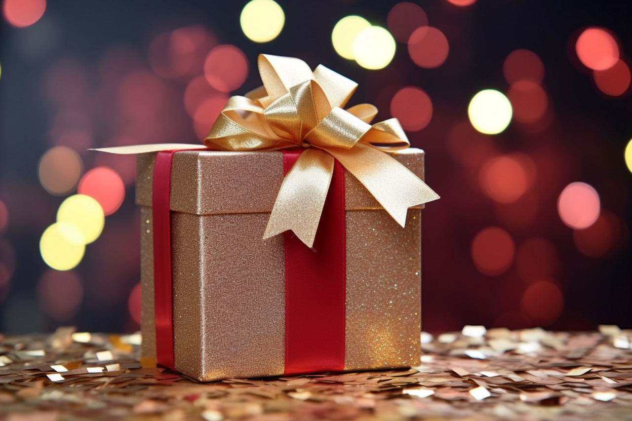 A photo of a christmas gift box with a gold bow on a background of blurry christmas lights