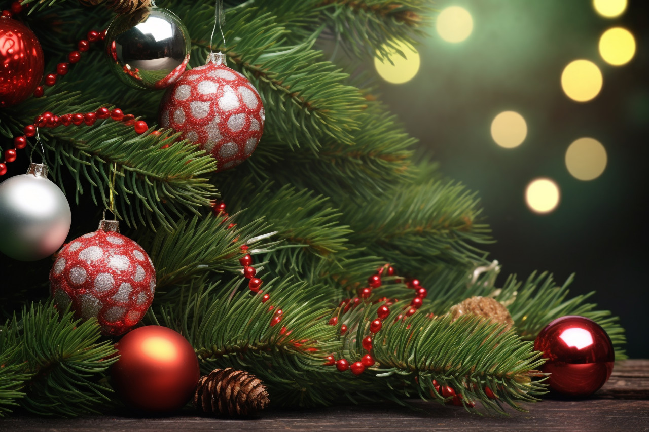 A photo of christmas decorations, including shiny balls and a branch of a spruce tree