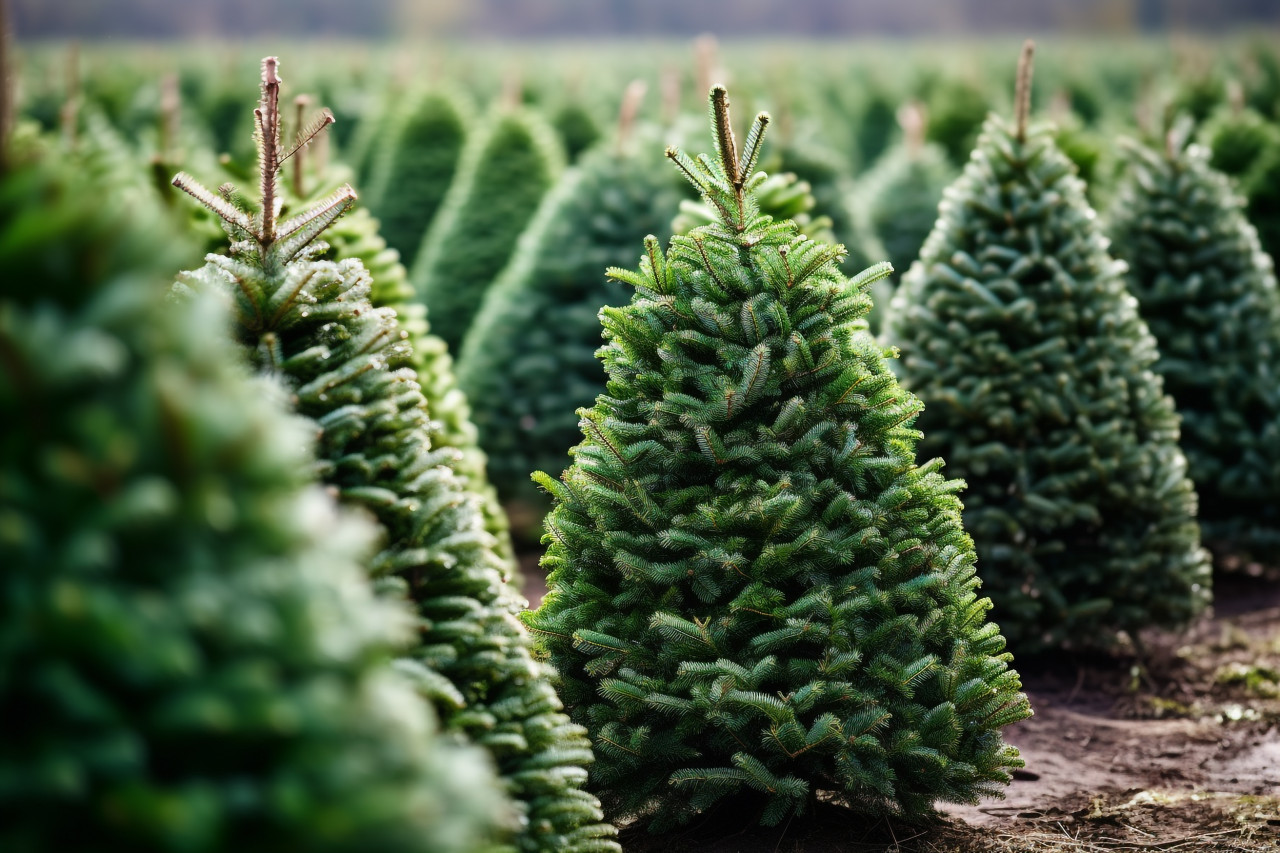 A picture of christmas trees lined up in rows on a farm