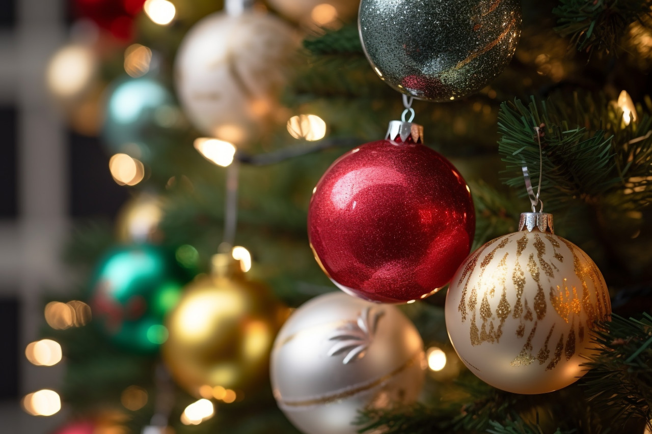 Close up photo of ornaments and lights on a decorated christmas tree