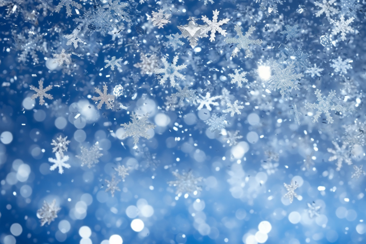 A photo of a magical blue background with sparkling glitter, twinkling stars, and falling snowflakes