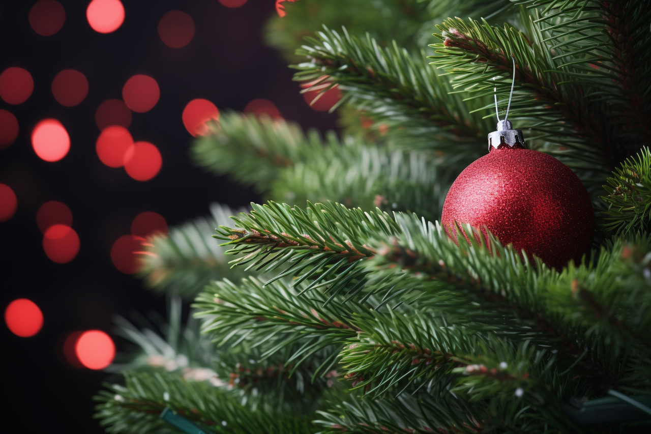 A picture of a spruce branch with a red gift, a christmas tree ornament, and a pine cone