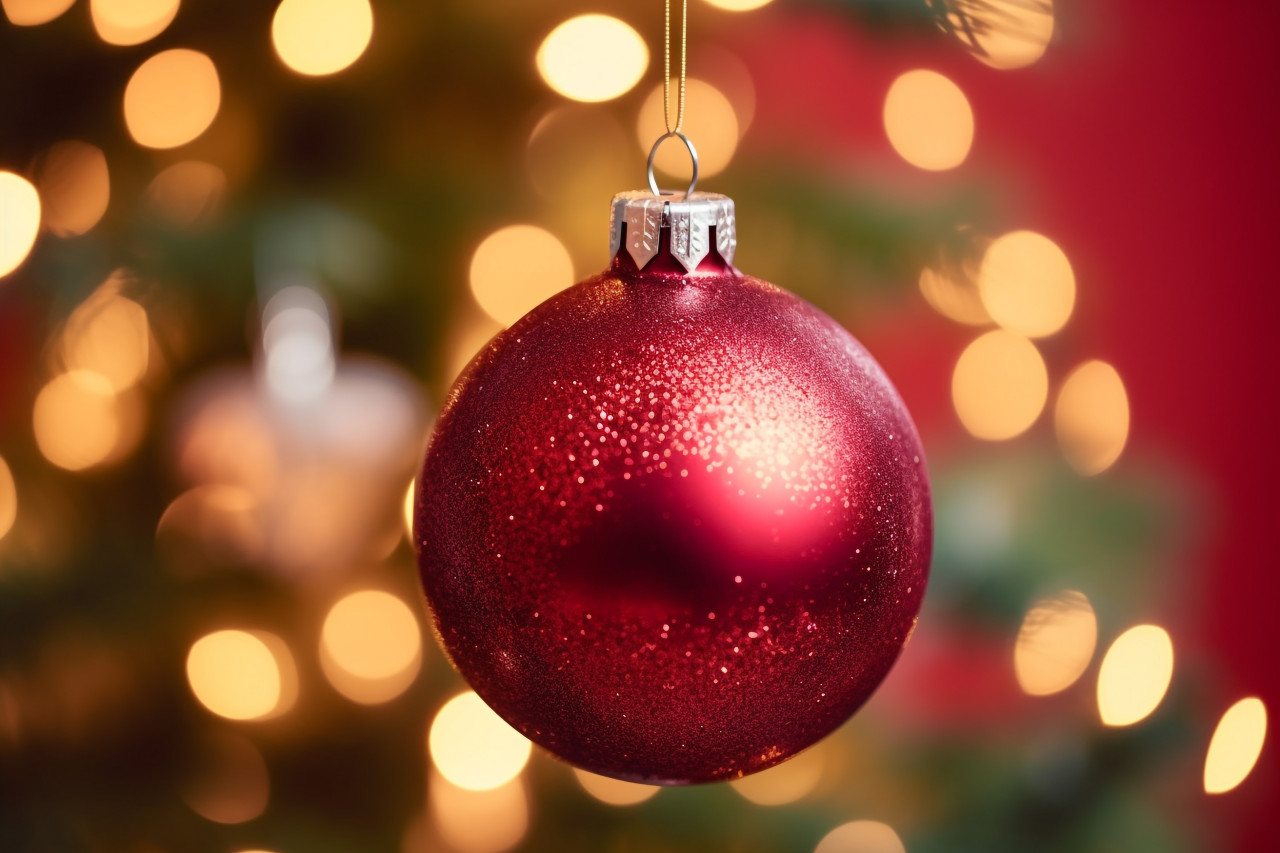 A close up photo of a single red ornament on a christmas tree with twinkling lights