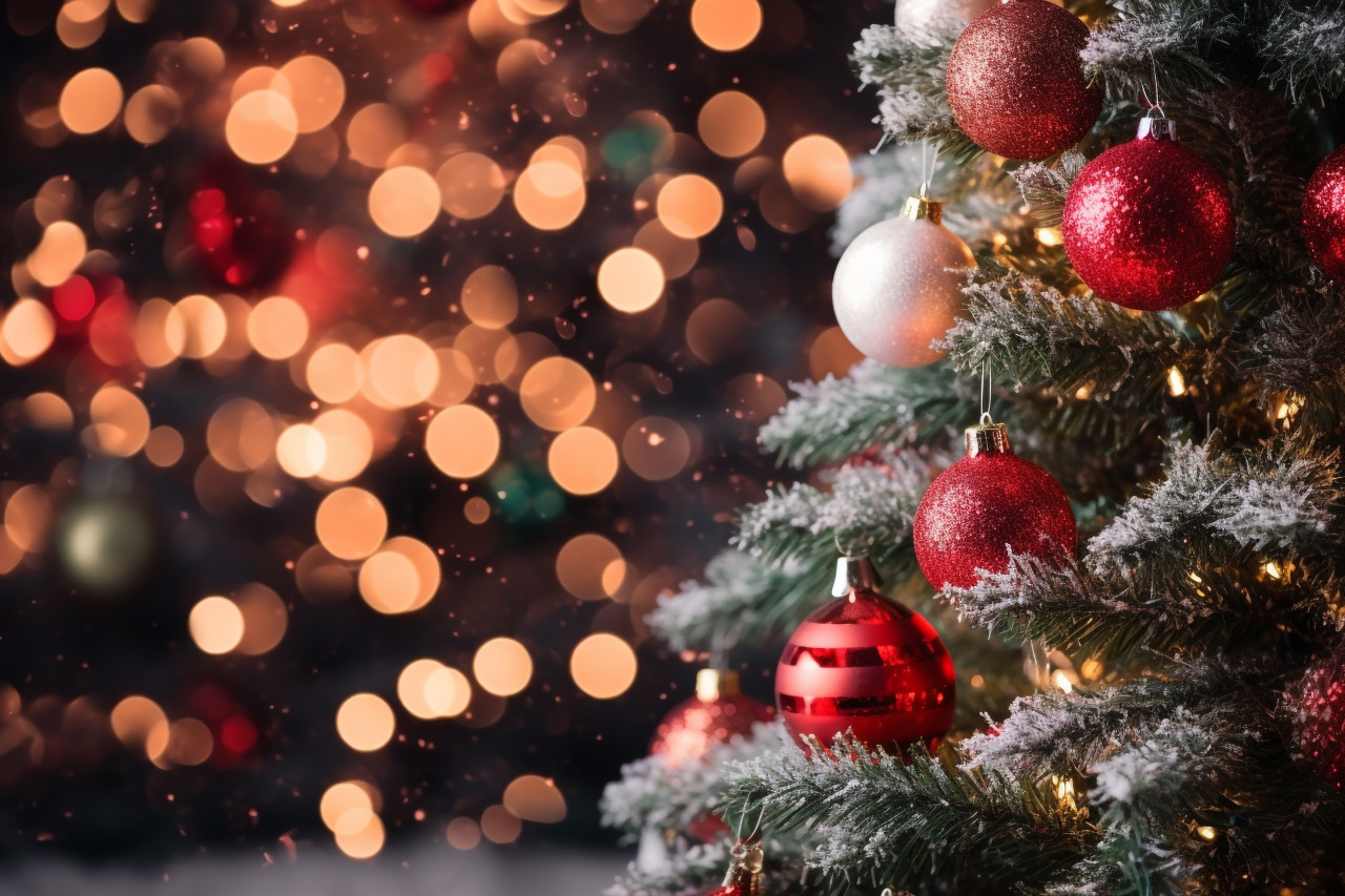 A picture of a christmas tree with christmas decorations in the snow