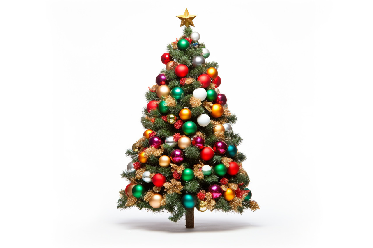 A picture of a decorated christmas tree standing alone on a white background