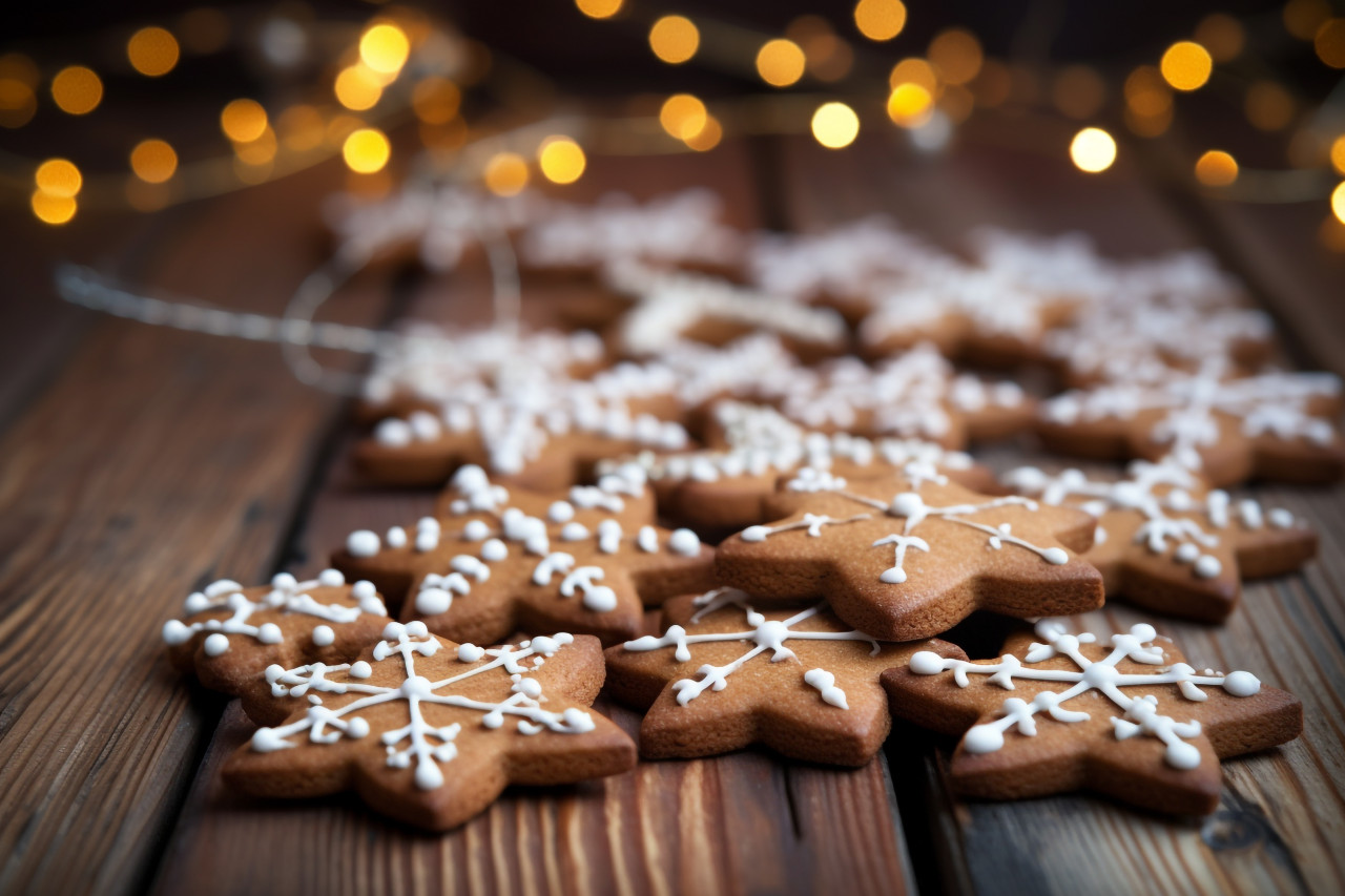A photo of gingerbread cookies hanging from a wooden background