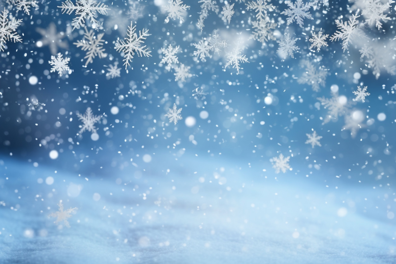 A photo of a beautiful winter scene with snowflakes and soft, blurry lights on a blue sky