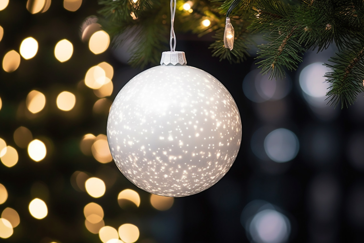 A close up photo of a white christmas ornament hanging on a decorated tree