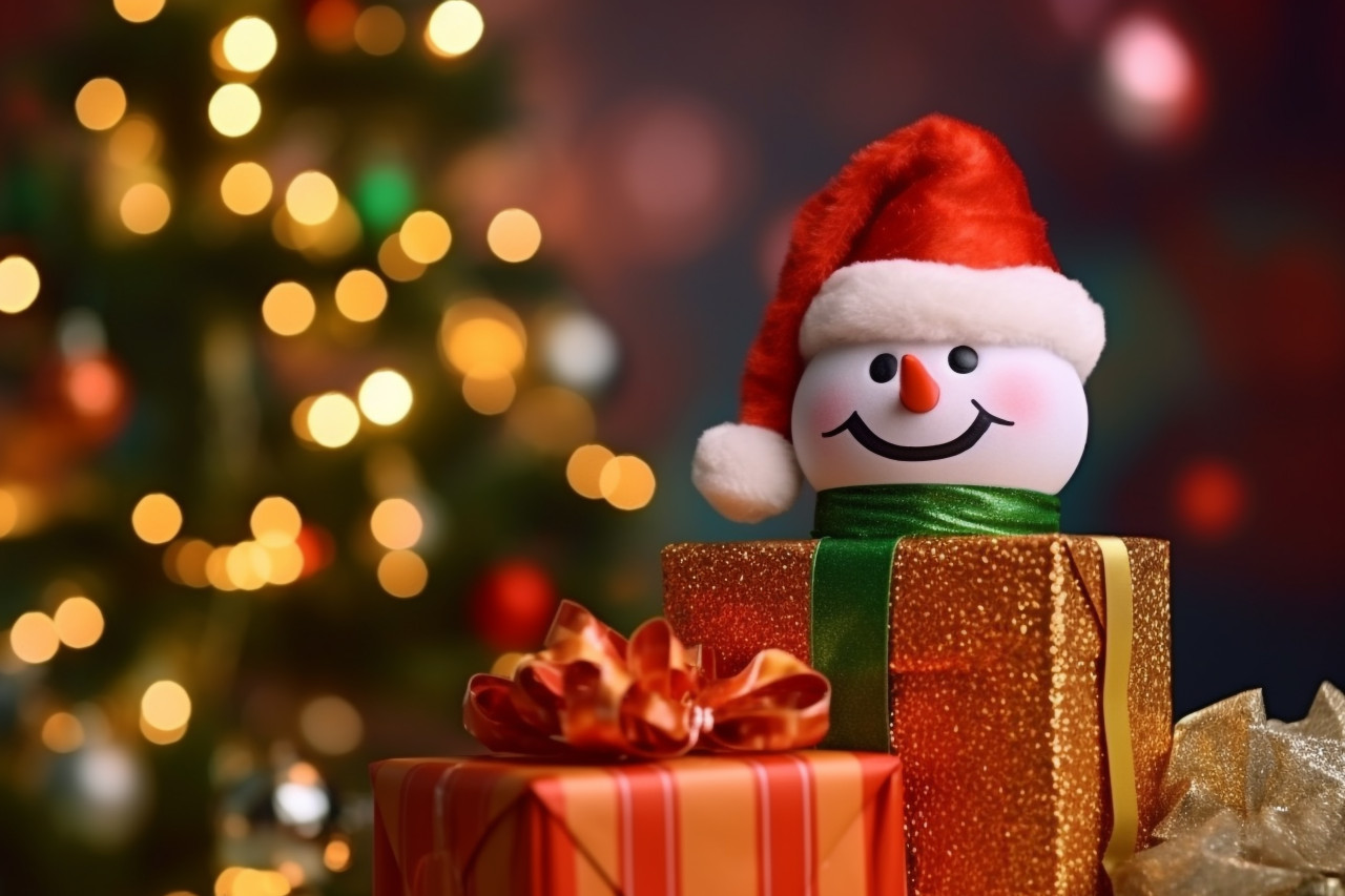 A photo of a gift box in a christmas scene with a snowman and decorations in the background