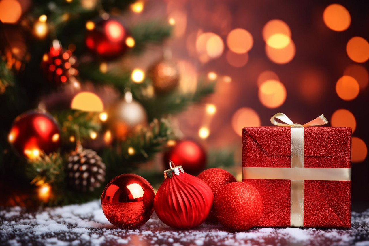 A photo of red merry christmas and happy new year handwriting on a blurred background