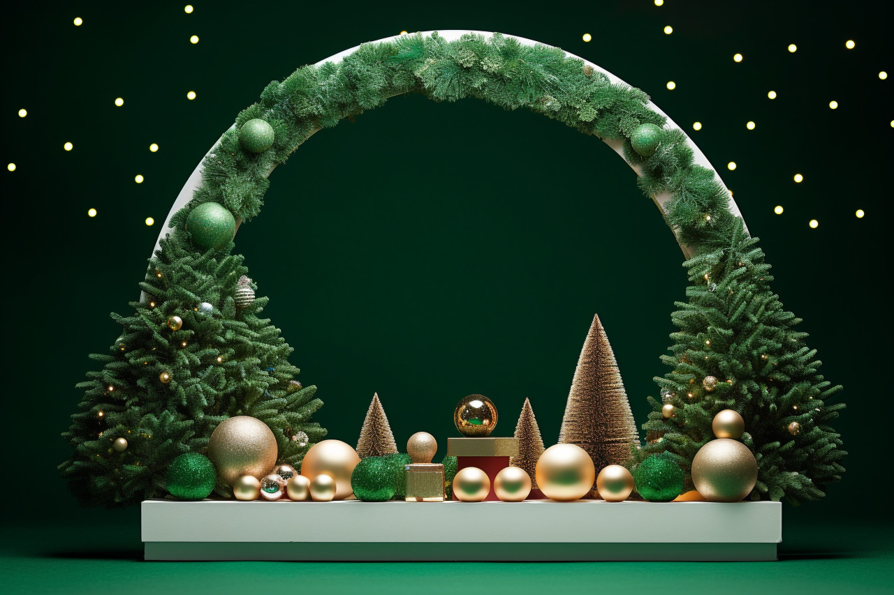 A simple photo of a christmas podium with products on it for a holiday sale, with a green background