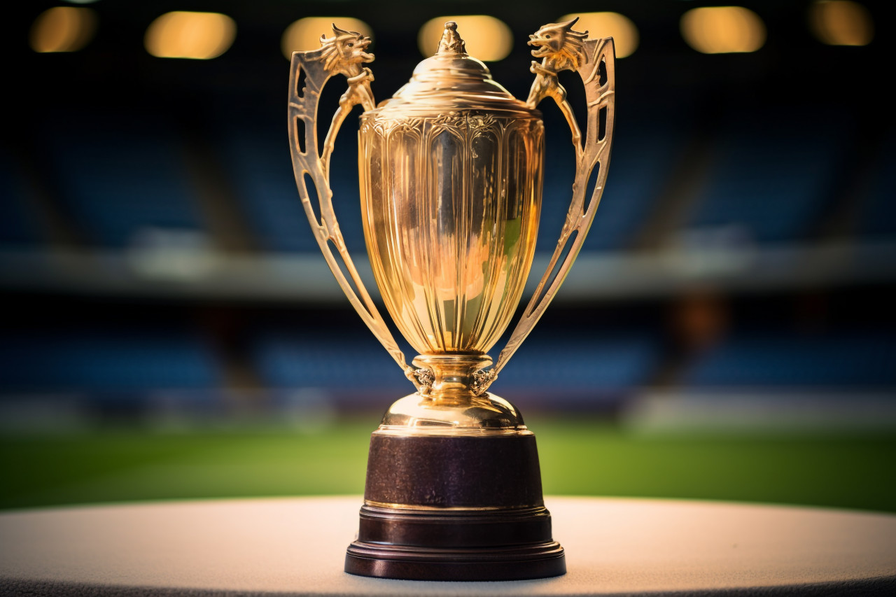 A cricket prize on a table in the empty stadium, cricket image