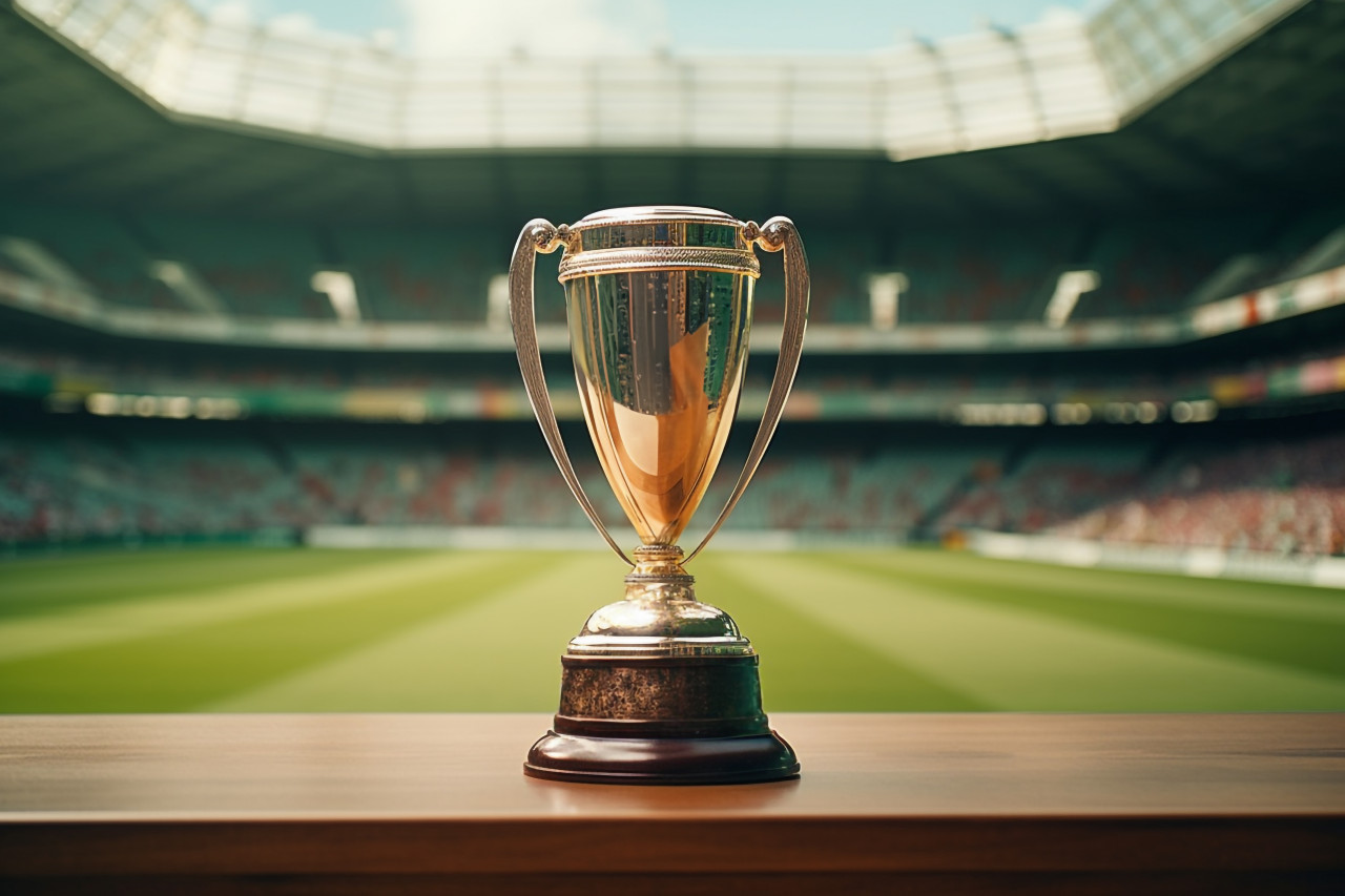 A cricket prize on a table in the empty stadium, cricket image