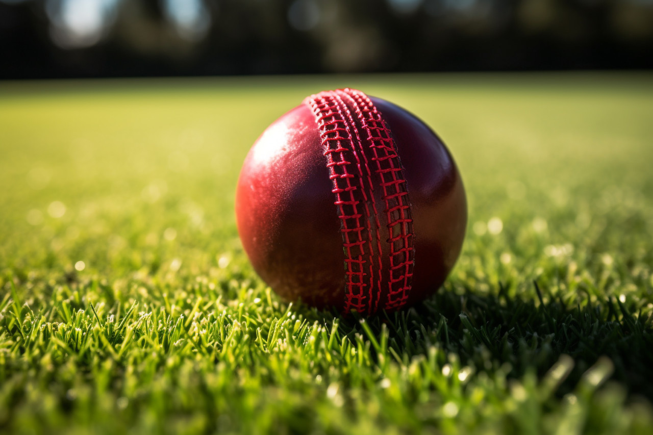 A close up photo of a red cricket ball sitting on a green grass field, cricket image
