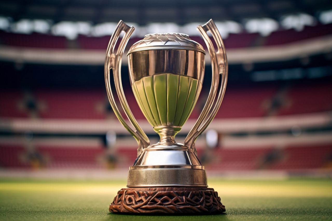 A cricket prize on a table in the empty stadium, cricket image
