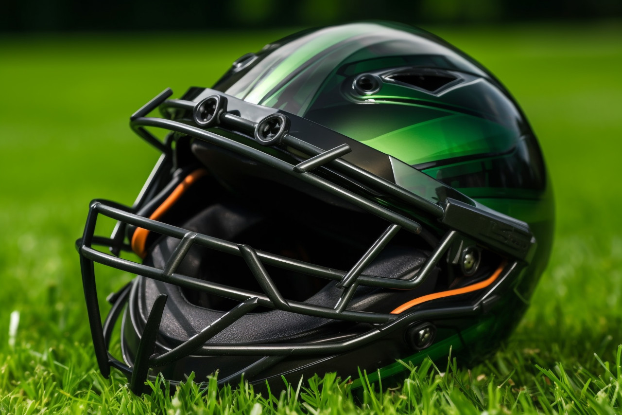 A cricket helmet seen from below, sitting on a green grass playground under bright lights, cricket image